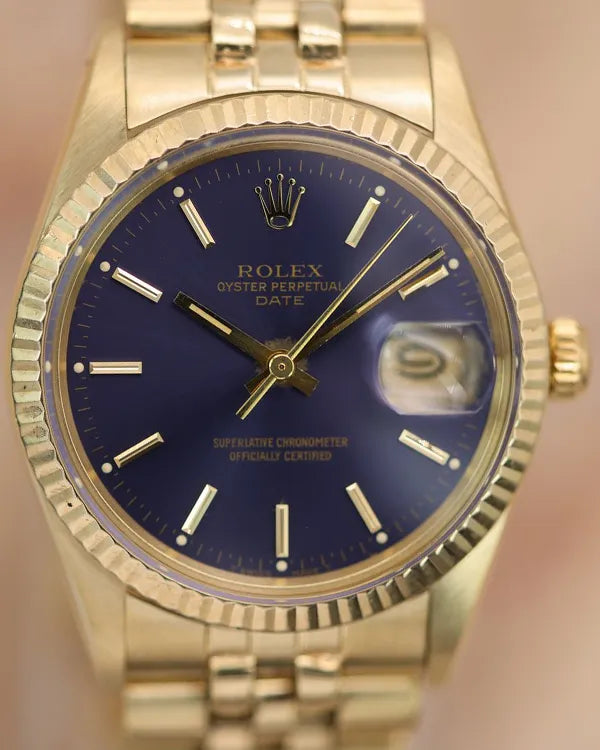 1981 Rolex Oyster Perpetual Date 34MM Blue Dial Yellow Gold Jubilee Bracelet (15037)
