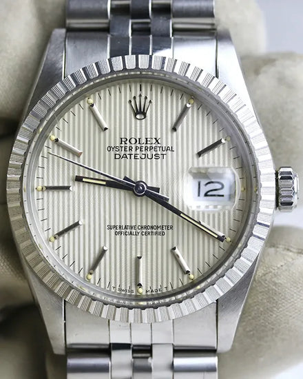 1985 (8.8 Mill. Serial) Rolex Datejust 36MM Silver "Tapestry" Dial Jubilee Bracelet (16030)