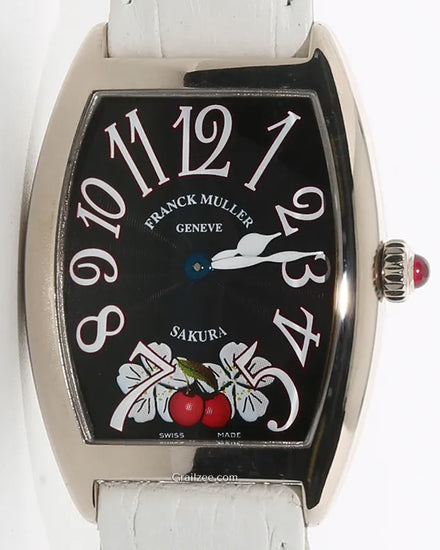 Franck Muller Cintrée Curvex "Sakura" 35MM Quartz Black Dial Aftermarket Leather Strap (1752 QZ)