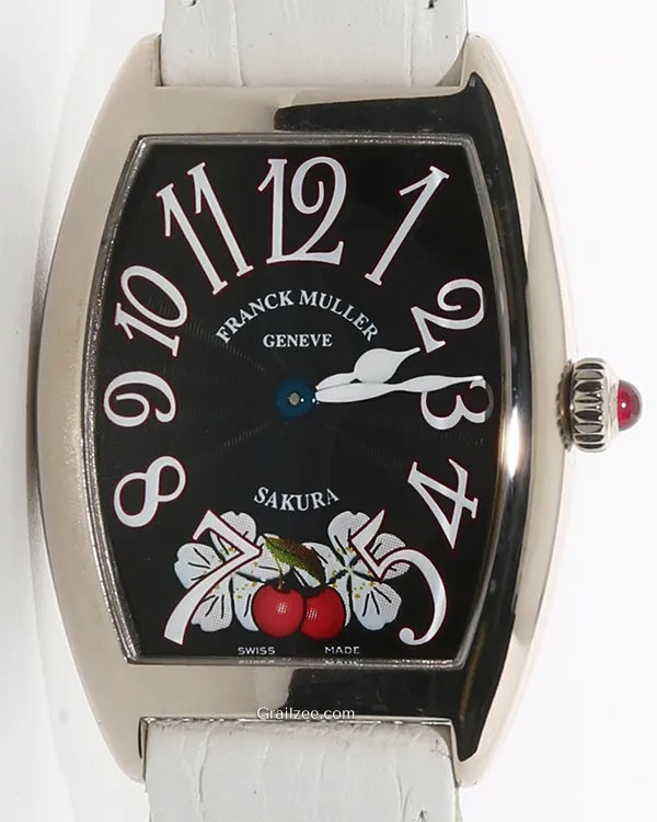Franck Muller Cintrée Curvex "Sakura" 35MM Quartz Black Dial Leather Strap (1752 QZ)