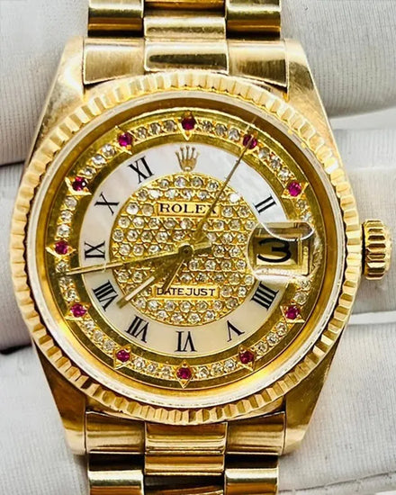 1989 (L Serial) Rolex Datejust 36MM Aftermarket Mother of Pearl Dial Aftermarket Yellow Gold President Bracelet (16018)