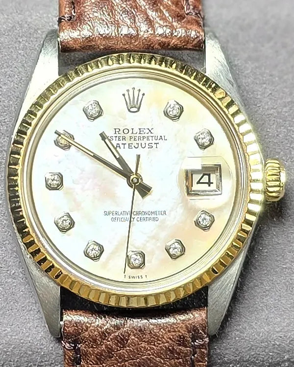 No Reserve - Rolex Datejust 36MM Aftermarket Mother of Pearl Dial Aftermarket Leather Strap (1601)