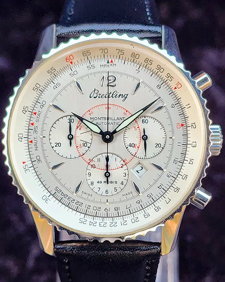 Breitling Montbrillant Navitimer 38MM White Dial Aftermarket Leather Strap (A41030)