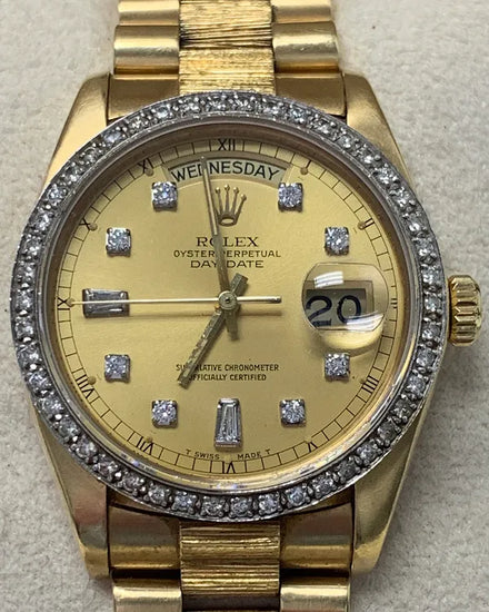 Rolex Day-Date 36MM Aftermarket Champagne Dial President "Bark-Finish" Yellow Gold Bracelet (18038)