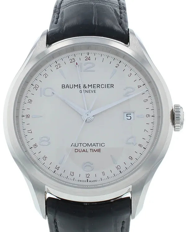 Baume & Mercier Clifton Dual Time 43MM Silver Dial Leather Strap (M0A10112)