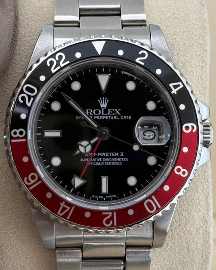 1986 (8.9 Mill Serial) Rolex GMT-Master II "Fat Lady Coke" 40MM Black Dial Oyster Bracelet (16760)