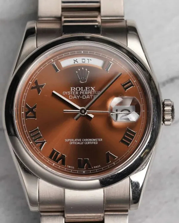 2000 (P serial) Rolex Day-Date 35MM Pink Havanna Dial White Gold Oyster Steel (118209)