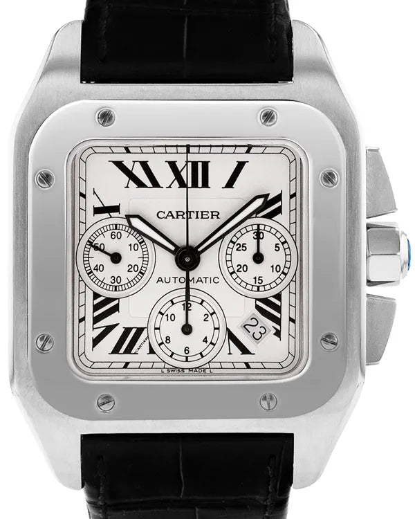 Cartier Santos 100 41MM White Dial Leather Strap (W20090X8)