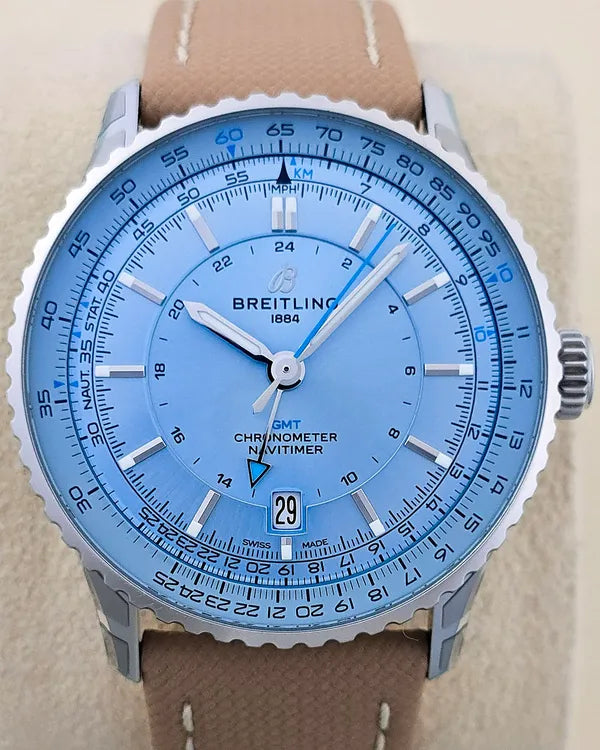 No Reserve - 2028 Breitling Navitimer GMT 41MM Ice Blue Dial OEM Leather Strap (A32310171C1P1)