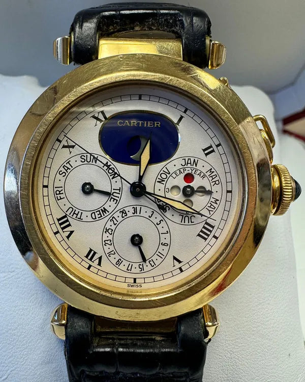 1986 Cartier Pasha De Cartier Moonphase Perpetual 38MM Quartz White Dial Leather Strap (30003)