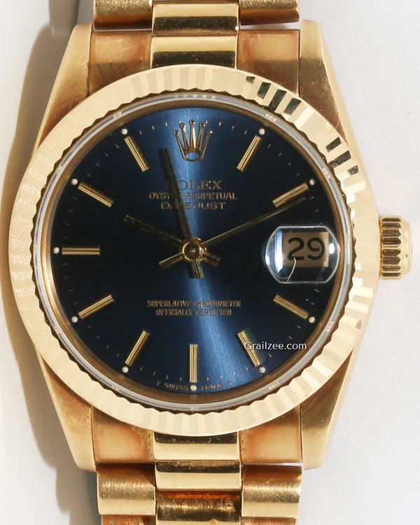 Rolex Datejust 31MM Blue Dial Yellow Gold President Bracelet (68278)