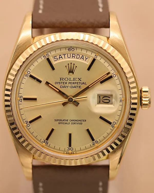 1976 (4 Mil Serial) Rolex Day-Date 36MM Champagne Pie Pan Dial Leather Strap (1803)