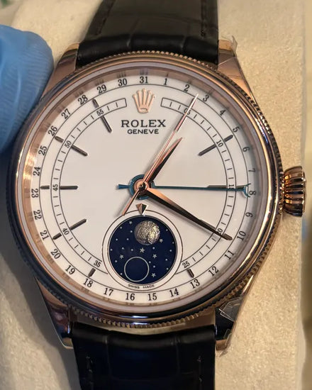 Rolex Cellini Moonphase 39MM White Dial Aftermarket Leather Strap (50535)
