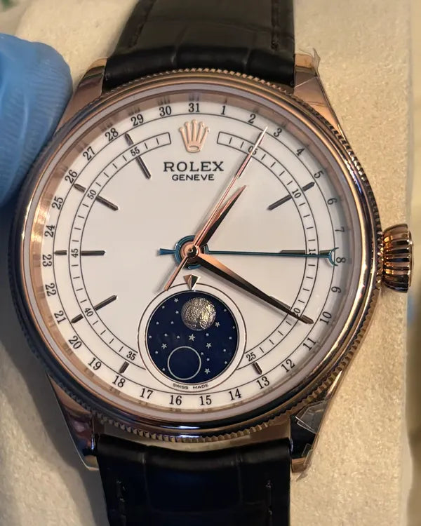 Rolex Cellini Moonphase 39MM White Dial Leather Strap (50535)