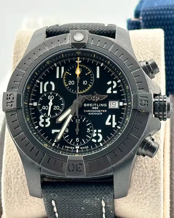 Breitling Avenger Chronograph 45MM Black Dial Leather Strap (V13317)