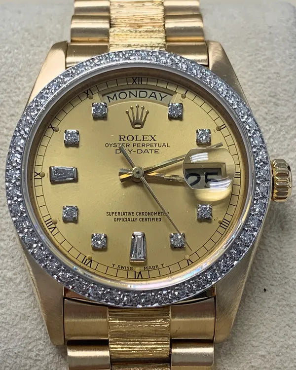 Rolex Day-Date 36MM Aftermarket Champagne Dial "Bark-Finish" Yellow Gold President Bracelet (18038)