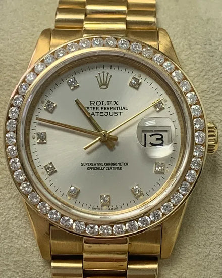 Rolex Datejust 36MM Aftermarket Silver Dial Aftermarket Yellow Gold President Bracelet (16018)