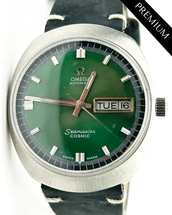 Omega Seamaster Cosmic Day-Date 35MM Aftermarket Green Dial Aftermarket Leather Strap (166.035)