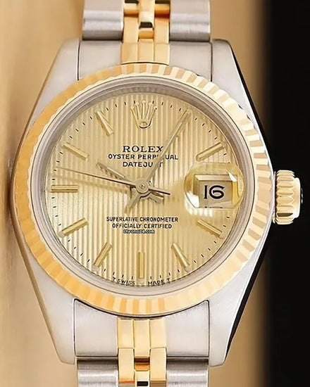 Rolex Lady-Datejust 26MM Champagne "Tapestry" Dial Two-Tone Jubilee Bracelet (69173)