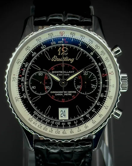 2005 Breitling Montbrillant 43MM Black Dial Aftermarket Leather Strap (A48330)