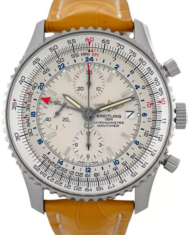 2014 Breitling Navitimer World GMT 46MM White Dial Leather Strap (A24322)
