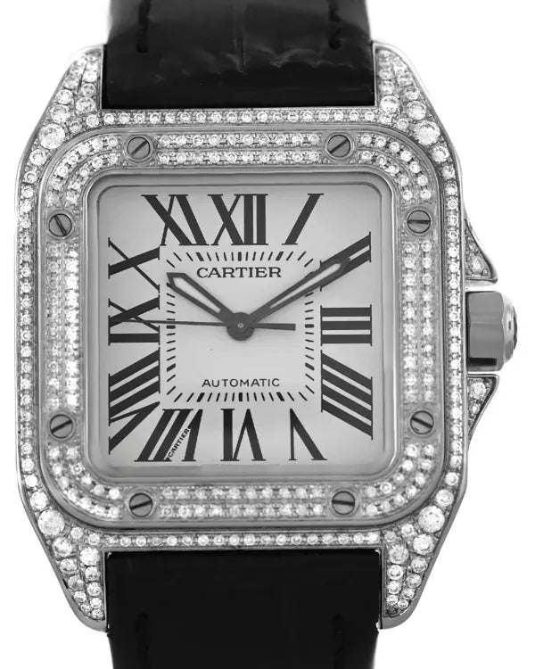 Cartier Santos 100 33MM Silver Dial Leather Strap (W20106X8)