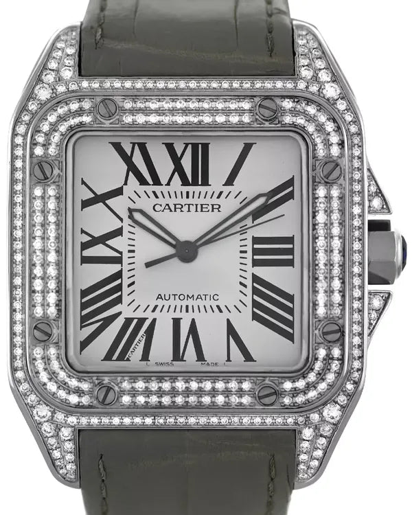 Cartier Santos 100 38MM Silver Dial Leather Strap (W20073X8)