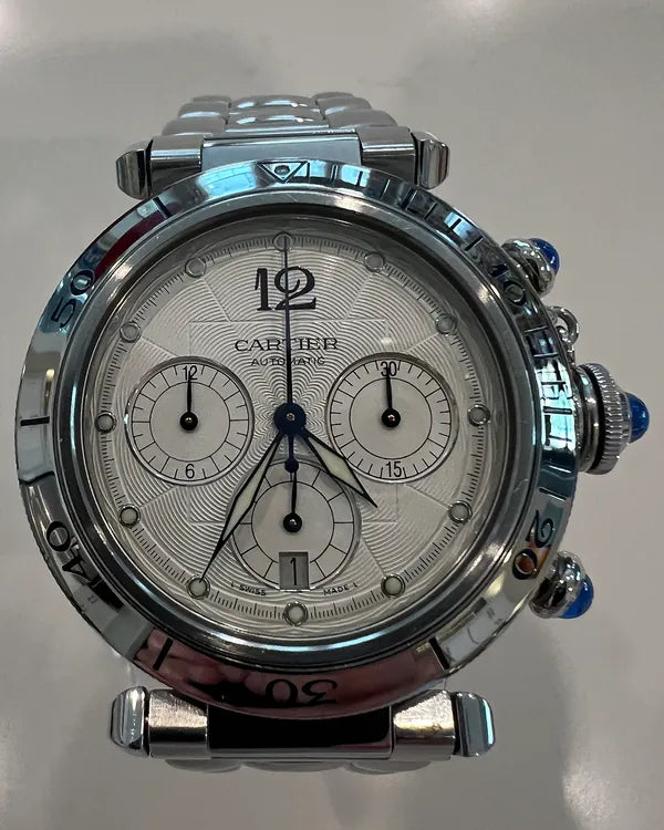 Cartier Pasha De Cartier Chronograph 38MM Silver Dial Steel Bracelet (W31030H3)