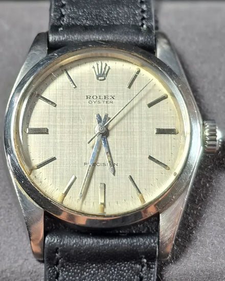 1970 (2.2 Mill. Serial) No Reserve - Rolex Oyster Precision 34MM Silver "Linen" Dial Aftermarket Leather Strap (6426)