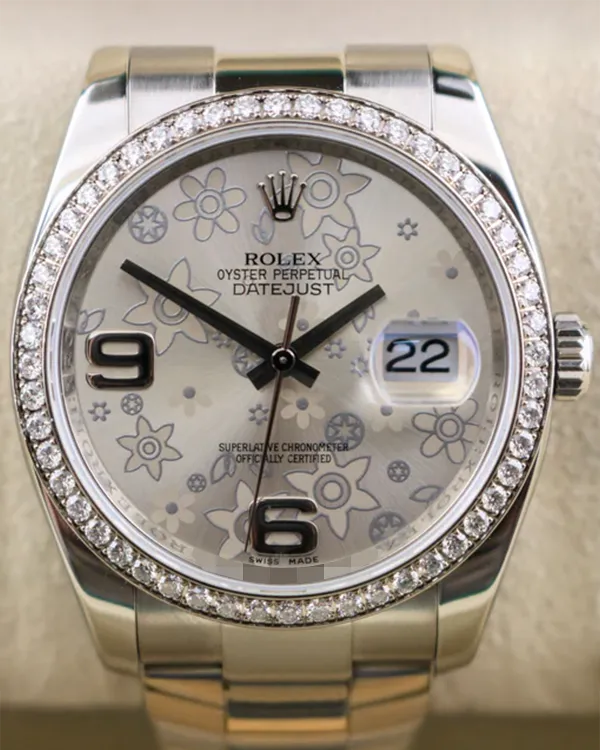 2010 Rolex Datejust 36MM Silver "Floral Motif" Dial Oyster Bracelet (116244)