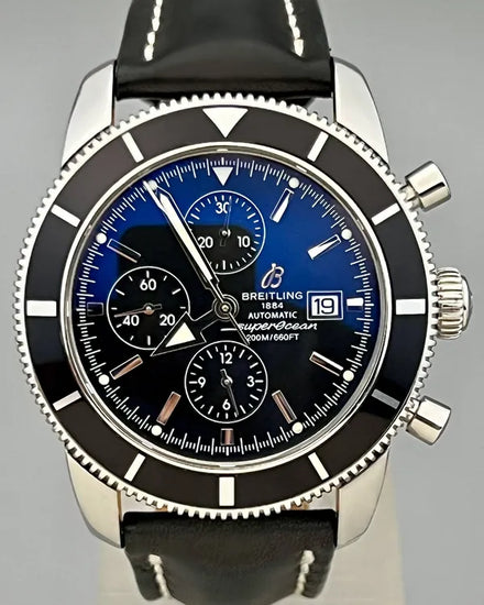 No Reserve - Breitling Superocean Heritage Chronograph 46MM Black Dial Leather Strap (A13320)