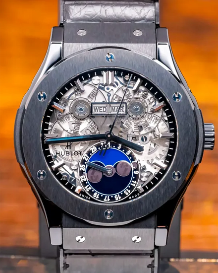 Hublot Classic Fusion Aerofusion Moonphase 45MM Skeleton Dial Leather Strap (517.CX.0170.LR)