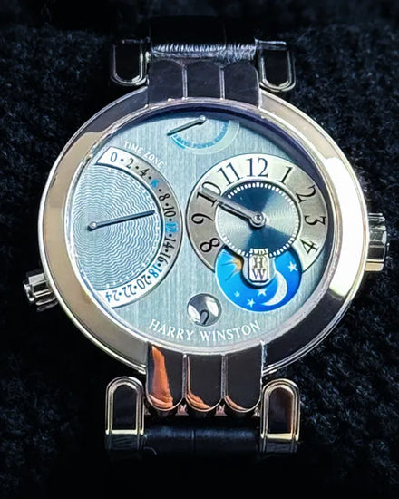 Harry Winston Premier Excenter Timezone 39MM Blue Dial Leather Strap (200-MMTZ39W)