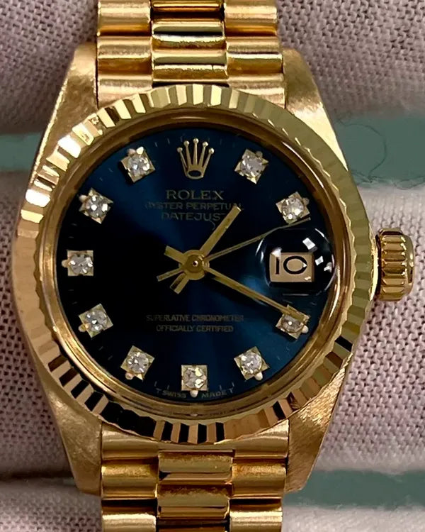 (7 Mil. Serial) Rolex Lady-Datejust 26MM Blue Dial Yellow Gold President Bracelet (6917)