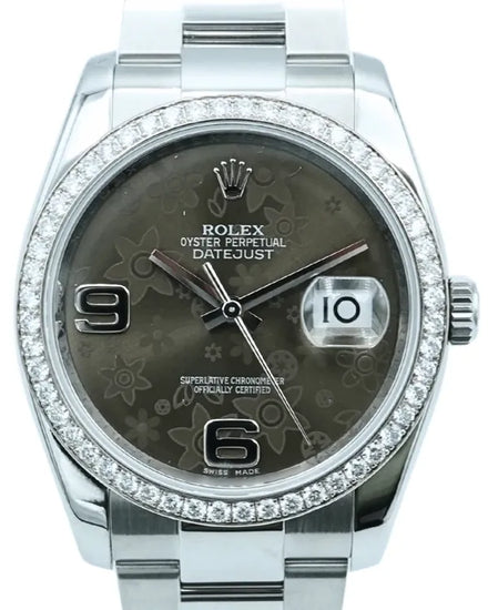2014 Rolex Datejust 36MM Grey "Floral Motif" Dial Oyster Bracelet (116244RBR)