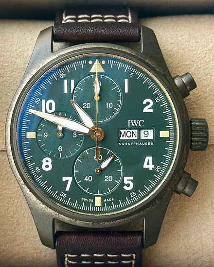 2019 IWC Schaffhausen Pilot Spitfire Chronograph 41MM Green Dial Leather Strap (IW387902)