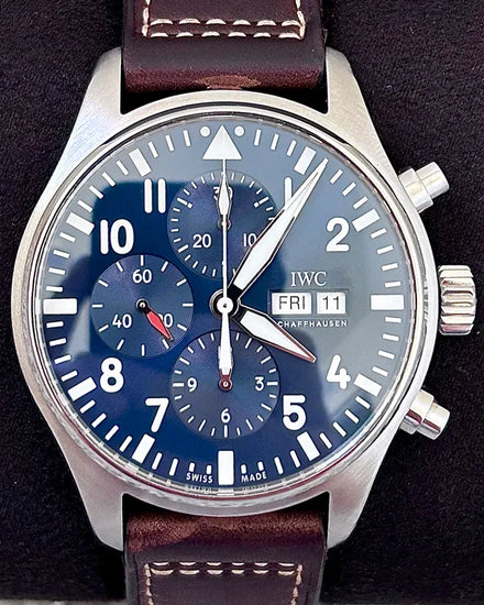 No Reserve - 2018  IWC Schaffhausen Pilot Chronograph "Le Petit Prince" 43MM Blue Dial Leather Strap (IW377714)