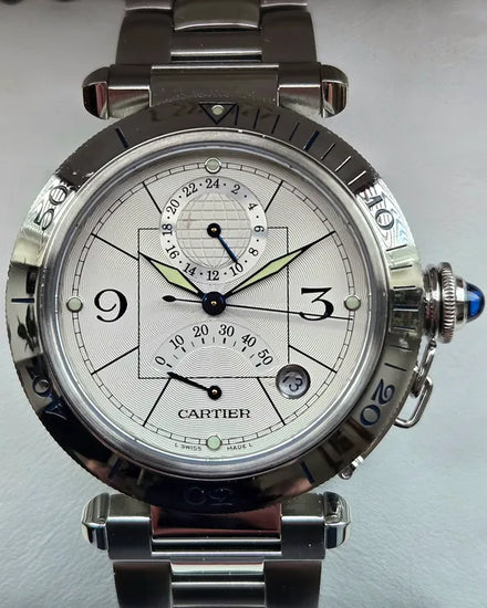 2004 Cartier Pasha De Cartier GMT Power Reserve 38MM Silver Dial Steel Bracelet (W31037H3)