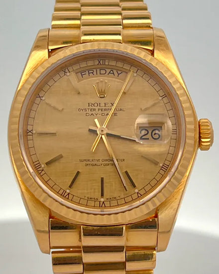 Rolex Day-Date 36MM Champagne "Linen Motif" Dial Yellow Gold President Bracelet (18038)