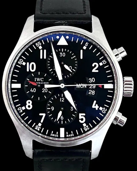 No Reserve - 2014 IWC Schaffhausen Pilot Chronograph 43MM Black Dial Leather Strap (IW377701)