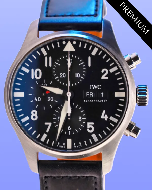 No Reserve - IWC Schaffhausen Pilot Chronograph 43MM Black Dial Leather Strap (IW377709)