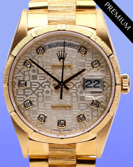 No Reserve - 1998 (W Serial) Rolex Day-Date 36MM Silver "Jubilee" Motif Dial Yellow Gold "Bark" President Bracelet (18248)