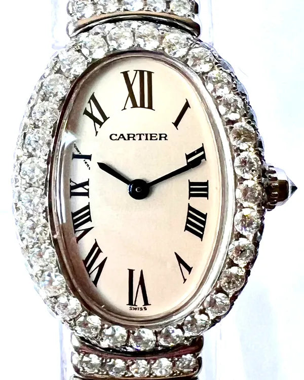 Cartier Baignoire 23MM Quartz Silver Dial Aftermarket Diamond Bracelet (1955)