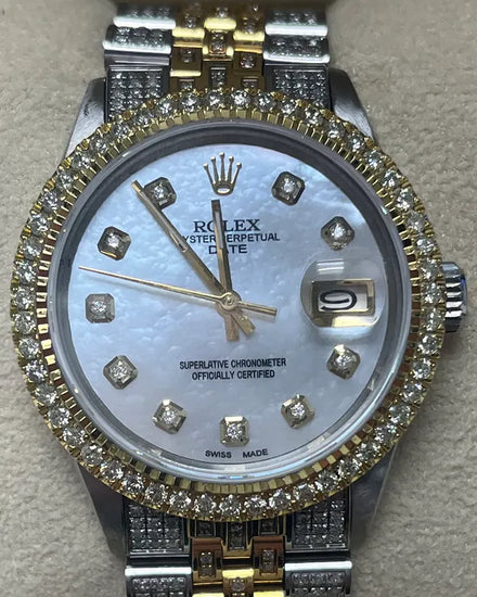 No Reserve - Rolex Oyster Perpetual Date 34MM Aftermarket Mother-of-Pearl Dial Aftermarket Two-Tone Bracelet (1501)