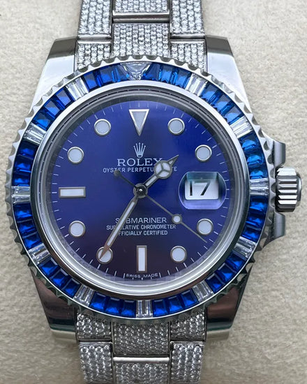 No Reserve - Rolex Submariner 40MM Aftermarket Blue Dial Aftermarket Diamond Bracelet (116610)