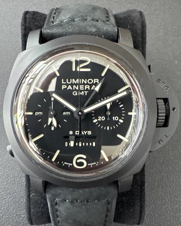 2015 Panerai Luminor 1950 8 Days Chrono Monopulsante GMT 44MM Black Dial Leather Strap (PAM00317)