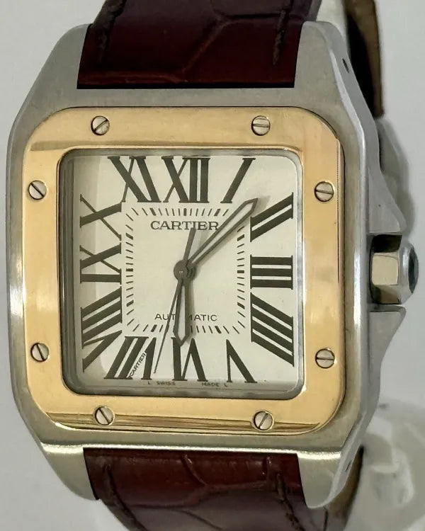 Cartier Santos 100 De Cartier 38MM White Dial Leather Strap (W20072X7)