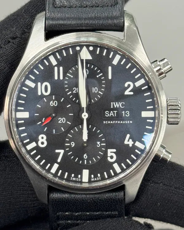 2018 IWC Schaffhausen Pilot Chronograph 43MM Black Dial Leather Strap (IW377709)