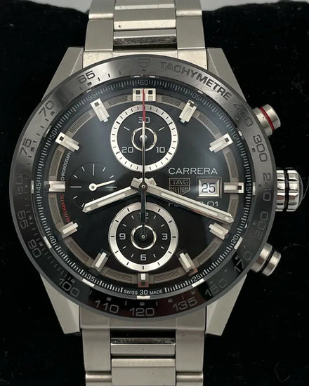 No Reserve - Tag Heuer Carrera Calibre HEUER 01 43MM Black Dial Steel Bracelet (CAR201Z.BA0714)