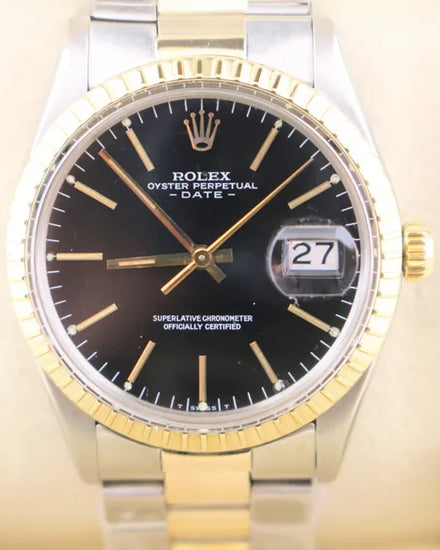 1983 (7.4 Mill. Serial) Rolex Oyster Perpetual Date 34MM Black Dial Two-Tone Oyster Bracelet (15053)